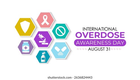 International Overdose Awareness Day. Unite for Prevention, Remember with Purpose. Syringe, pills, Medicine bottle, Capsules with powder or granules.. Purple Realistic ribbon. Banner poster,background