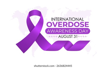 International Overdose Awareness Day. Unite for Prevention, Remember with Purpose. Syringe, pills, Medicine bottle, Capsules with powder or granules.. Purple Realistic ribbon. Banner poster,background