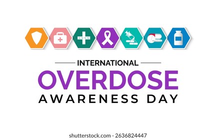 International Overdose Awareness Day. Unite for Prevention, Remember with Purpose. Syringe, pills, Medicine bottle, Capsules with powder or granules.. Purple Realistic ribbon. Banner poster,background