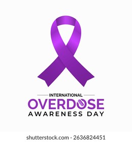 International Overdose Awareness Day. Unite for Prevention, Remember with Purpose. Syringe, pills, Medicine bottle, Capsules with powder or granules.. Purple Realistic ribbon. Banner poster,background