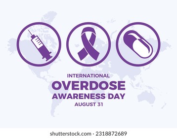 Ilustración vectorial del Día Internacional de Concienciación sobre la Sobredosis. Cinta de reconocimiento púrpura, jeringa, conjunto de iconos redondos de drogas vector. 31 de agosto cada año. Día importante