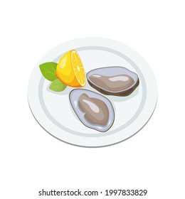 International Oyster Day. Clams in shell, open oysters on plate with lemon. Seafood menu. Cartoon vector seafood illustration isolated on white background