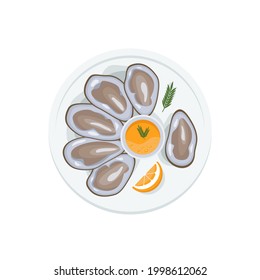 International Oyster Day. Clams in shell, open oysters on plate with sauce. Seafood menu. Mediterranean cuisine. Cartoon vector seafood illustration isolated on white background