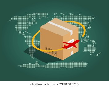 International Package Delivery Cardboard vector illustration. Online order tracking with map vector illustration. Express delivery concept, fast shipping, 3d illustration. world wide shipping concept.