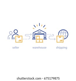 International Parcel Shipment, Global Shipping Program, Box Delivery Services, Tracking Order, Globally Transportation Business, Distribution Warehouse, Supply Chain, Storage Industry Vector Line Icon