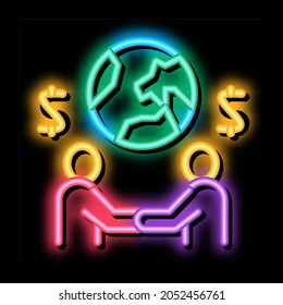 international partnership businessman handshake neon light sign vector. Glowing bright icon international partnership businessman handshake sign. transparent symbol illustration