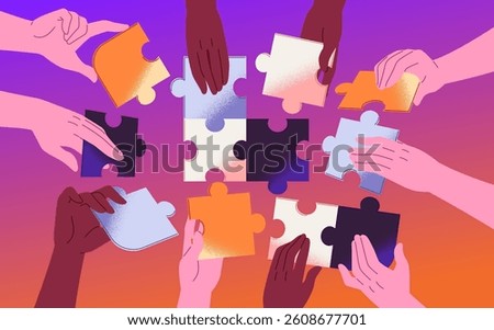 International partnership, cooperation, teamwork concept. Diverse people hold in hands, put pieces of puzzle. Multinational team is coworking, works and efforts together. Flat vector illustration