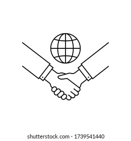 international partnership with handshake. simple thin linear style trend modern lineart logotype art design illustration isolated on white. concept of company or fund treaty and communication progress
