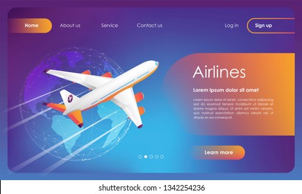 International passenger airline web banner. Flights worldwide. Flying airplane. Flat vector illustration isolated on blue background. UI/UX user interface.