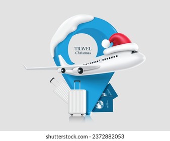 international passenger plane wearing a red Santa hat takes off against a backdrop of blue pin location, snow, luggage and passports for Christmas travel design, vector 3d isolated for advertising