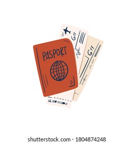 Pasaporte internacional. Turismo de aventura, viajes al extranjero, elementos de senderismo aislados en el fondo blanco. Ilustración vectorial colorida de dibujos animados planos.