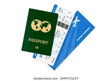 International passport with airway flight ticket. Personal identification document and airline boarding pass. Airplane journey airways company id document. Tourism travelling concept. Eps isolated