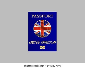 International Passport with biometric digital chip, realistiс dark blue cover isolated on gray background, vector illustration for icon,logo, with national flag and name of country United Kingdom 