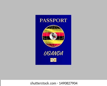 International Passport with biometric digital chip, realistiс dark blue cover isolated on gray background, vector illustration for icon,logo, with national flag and name of country Uganda