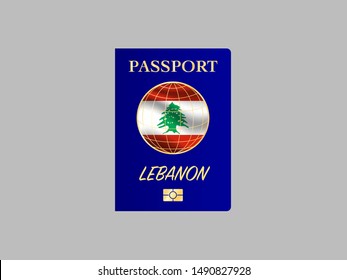 International Passport with biometric digital chip, realistiс dark blue cover isolated on gray background, vector illustration for icon,logo, with national flag and name of country Lebanon