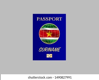 International Passport with biometric digital chip, realistiс dark blue cover isolated on gray background, vector illustration for icon,logo, with national flag and name of country Suriname