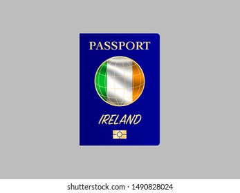 International Passport with biometric digital chip, realistiс dark blue cover isolated on gray background, vector illustration for icon,logo, with national flag and name of country Ireland