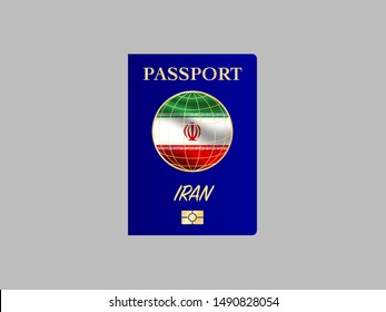 International Passport with biometric digital chip, realistiс dark blue cover isolated on gray background, vector illustration for icon,logo, with national flag and name of country Iran