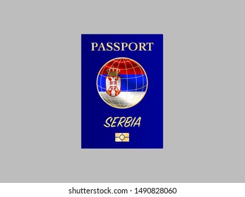 International Passport with biometric digital chip, realistiс dark blue cover isolated on gray background, vector illustration for icon,logo, with national flag and name of country Serbia