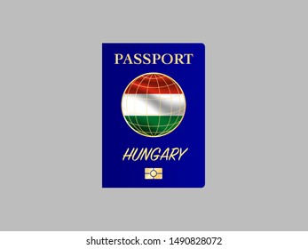 International Passport with biometric digital chip, realistiс dark blue cover isolated on gray background, vector illustration for icon,logo, with national flag and name of country Hungary