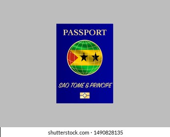 International Passport with biometric digital chip, realistiс  blue cover isolated on gray background, vector illustration for icon,logo, with national flag and name of country Sao Tome and Principe