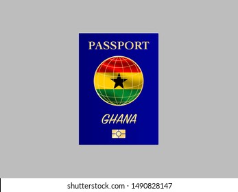 International Passport with biometric digital chip, realistiс dark blue cover isolated on gray background, vector illustration for icon,logo, with national flag and name of country Ghana