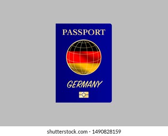 International Passport with biometric digital chip, realistiс dark blue cover isolated on gray background, vector illustration for icon,logo, with national flag and name of country Germany