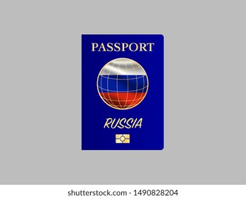 International Passport with biometric digital chip, realistiс dark blue cover isolated on gray background, vector illustration for icon,logo, with national flag and name of country Russian Federation