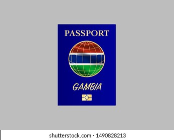 International Passport with biometric digital chip, realistiс dark blue cover isolated on gray background, vector illustration for icon,logo, with national flag and name of country Gambia