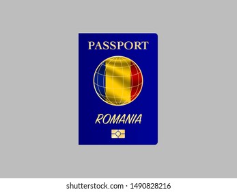 International Passport with biometric digital chip, realistiс dark blue cover isolated on gray background, vector illustration for icon,logo, with national flag and name of country Romania