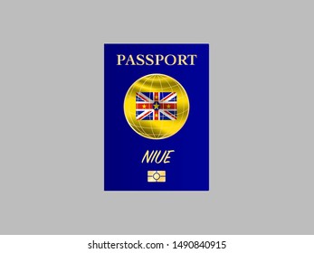 International Passport with biometric digital chip, realistiс dark blue cover isolated on gray background, vector illustration for icon,logo, with national flag and name of country Niue