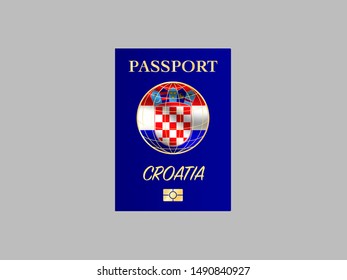 International Passport with biometric digital chip, realistiс dark blue cover isolated on gray background, vector illustration for icon,logo, with national flag and name of country Croatia