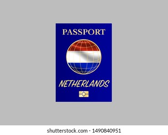 International Passport with biometric digital chip, realistiс dark blue cover isolated on gray background, vector illustration for icon,logo, with national flag and name of country Netherlands