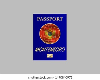 International Passport with biometric digital chip, realistiс dark blue cover isolated on gray background, vector illustration for icon,logo, with national flag and name of country Montenegro