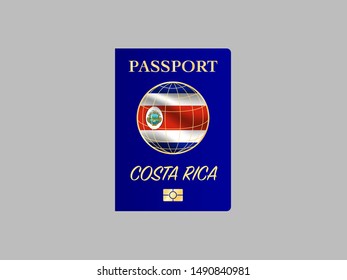 International Passport with biometric digital chip, realistiс dark blue cover isolated on gray background, vector illustration for icon,logo, with national flag and name of country Costa Rica 