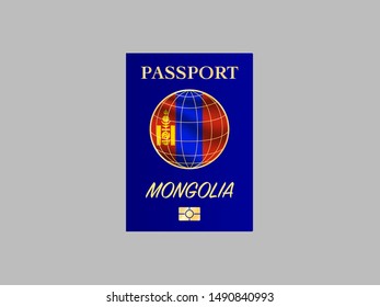 International Passport with biometric digital chip, realistiс dark blue cover isolated on gray background, vector illustration for icon,logo, with national flag and name of country Mongolia