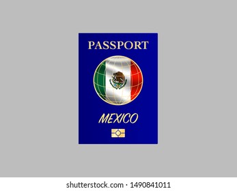 International Passport with biometric digital chip, realistiс dark blue cover isolated on gray background, vector illustration for icon,logo, with national flag and name of country Mexico