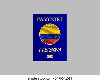 International Passport with biometric digital chip, realistiс dark blue cover isolated on gray background, vector illustration for icon,logo, with national flag and name of country Colombia