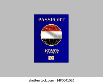 International Passport with biometric digital chip, realistiс dark blue cover isolated on gray background, vector illustration for icon,logo, with national flag and name of country Yemen