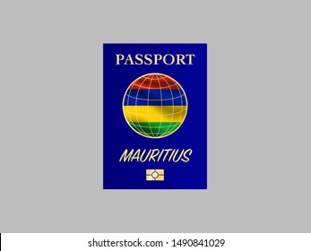 International Passport with biometric digital chip, realistiс dark blue cover isolated on gray background, vector illustration for icon,logo, with national flag and name of country Mauritius