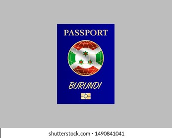 International Passport with biometric digital chip, realistiс dark blue cover isolated on gray background, vector illustration for icon,logo, with national flag and name of country Burundi