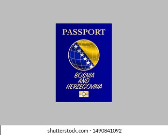 International Passport with biometric digital chip, realistiс blue cover isolated on gray background, vector illustration for icon,logo, with national flag and name of country Bosnia and Herzegovina