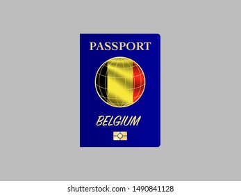 International Passport with biometric digital chip, realistiс dark blue cover isolated on gray background, vector illustration for icon,logo, with national flag and name of country Belgium