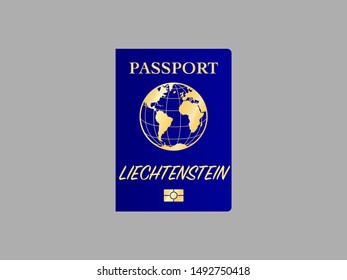 International Passport with biometric digital chip, realistic blue cover, vector illustration for icon, logo, ads with earth world globe silhouette and national flag  of country Liechtenstein