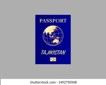 International Passport with biometric digital chip, realistic blue cover, vector illustration for icon, logo, ads with earth world globe silhouette and national flag  of country Tajikistan