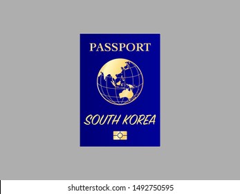 International Passport with biometric digital chip, realistic blue cover, vector illustration for icon, logo, ads with earth world globe silhouette and national flag  of country South Korea