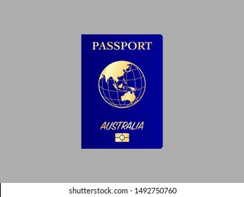 International Passport with biometric digital chip, realistic blue cover, vector illustration for icon, logo, ads with earth world globe silhouette and national flag  of country Australia