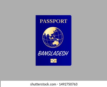 International Passport with biometric digital chip, realistic blue cover, vector illustration for icon, logo, ads with earth world globe silhouette and national flag  of country Bangladesh