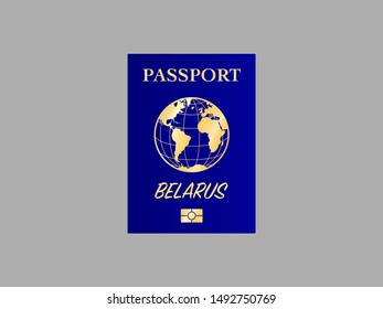 International Passport with biometric digital chip, realistic blue cover, vector illustration for icon, logo, ads with earth world globe silhouette and national flag  of country Belarus
