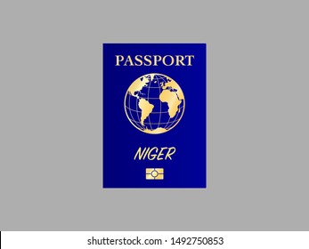 International Passport with biometric digital chip, realistic blue cover, vector illustration for icon, logo, ads with earth world globe silhouette and national flag  of country Niger